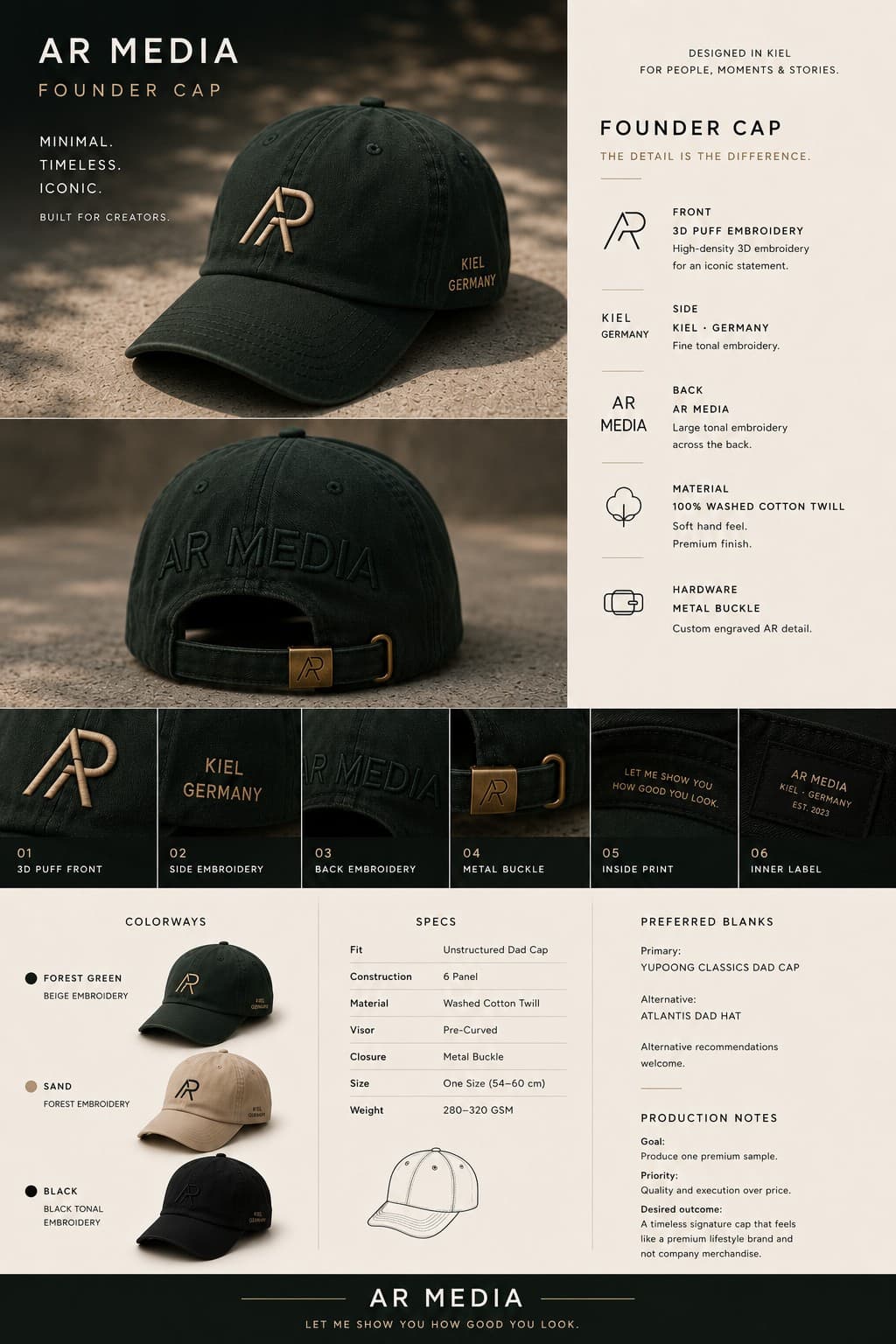 Produktseite der Founder Cap aus dem AR Media Lookbook